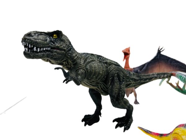 Legendary creatures mesozic action figures T Rex close up with ptersaur in background