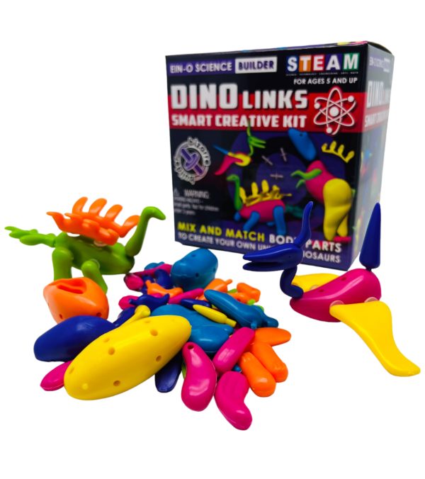Dino link pieces displayed with 2 dinos put togethjer with box