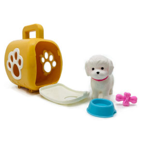 single pet house with a white dog, blue bowl, pink bone and tan carrier