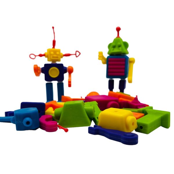 Robot bits with pieces and 2 robots put together, colorful