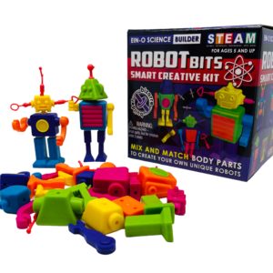 Robot bits with pieces and 2 robots put together, colorful with box included