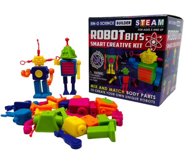Robot bits with pieces and 2 robots put together, colorful with box included
