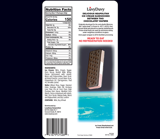 the back of the freeze dried ice cream sandwich package showing nutritional info
