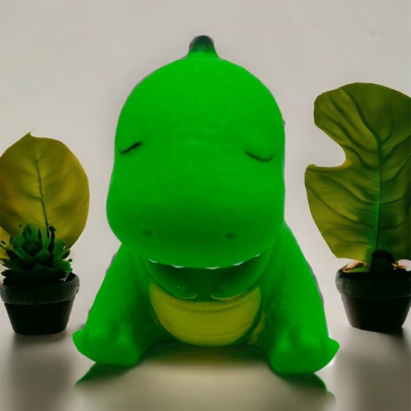Green Dinosaur stretch pictured with potted plants
